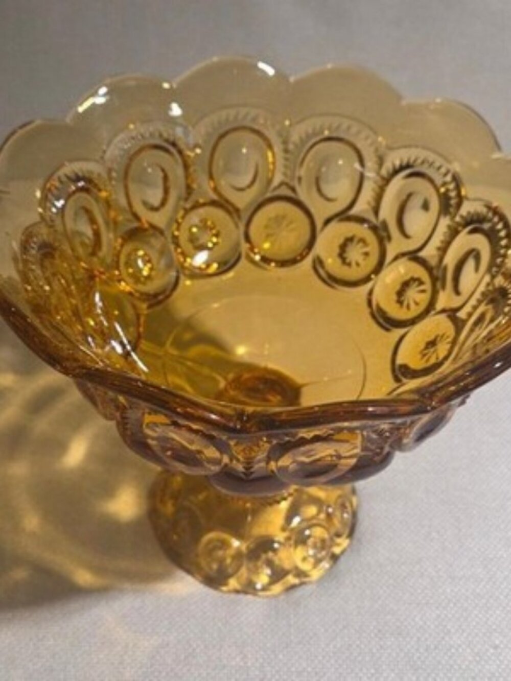 Vintage LE Smith Amber Glass Moon and Stars Flared Pedestal Compote Bowl 7.5"